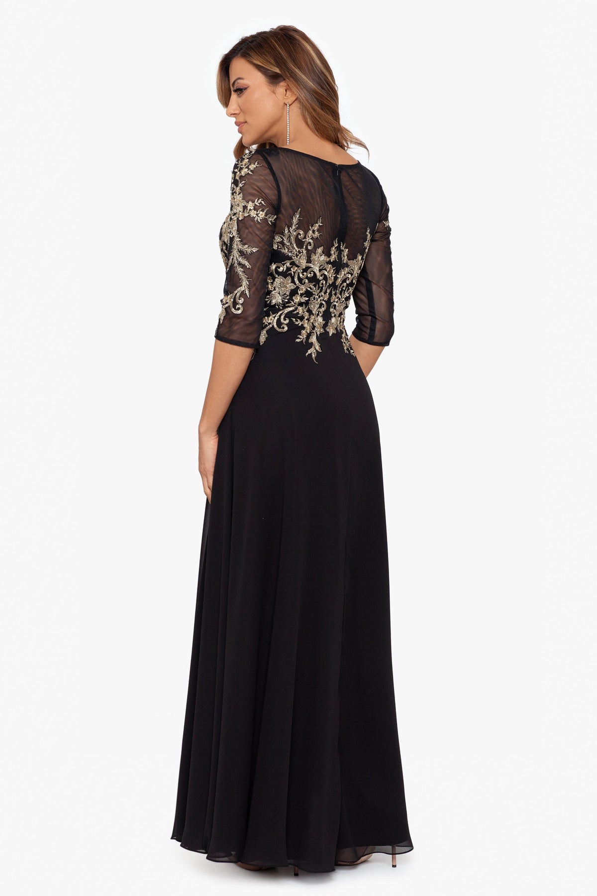 Betsy & Adam Petite "Brooklyn" Chiffon Embroidery 3/4 Sleeve Dress - Black/Gold