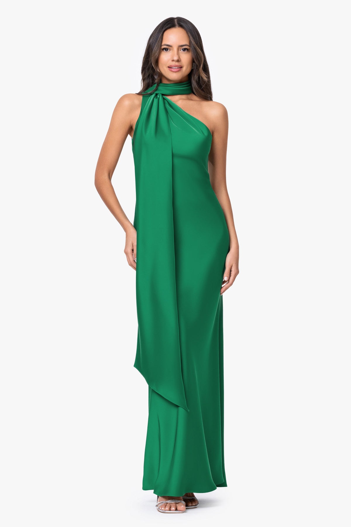 Betsy & Adam "Fallon" Satin Asymmetrical Necktie Sash Dress - Emerald