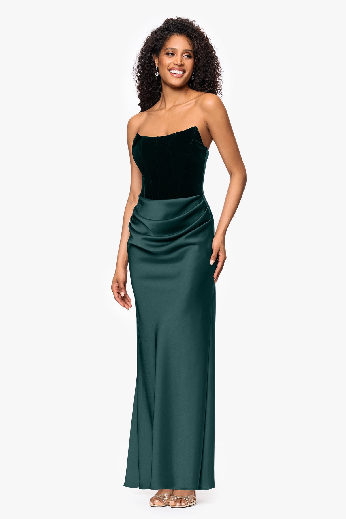 Betsy & Adam "Lynn" Velvet & Satin Strapless Gown - Hunter