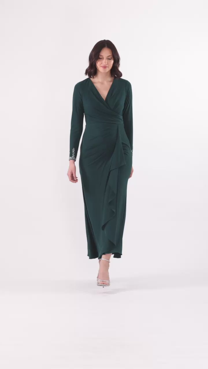 Betsy & Adam Petite "Lenora" Jersey Knit Beaded Long Sleeve V-Neck Dress - Forest