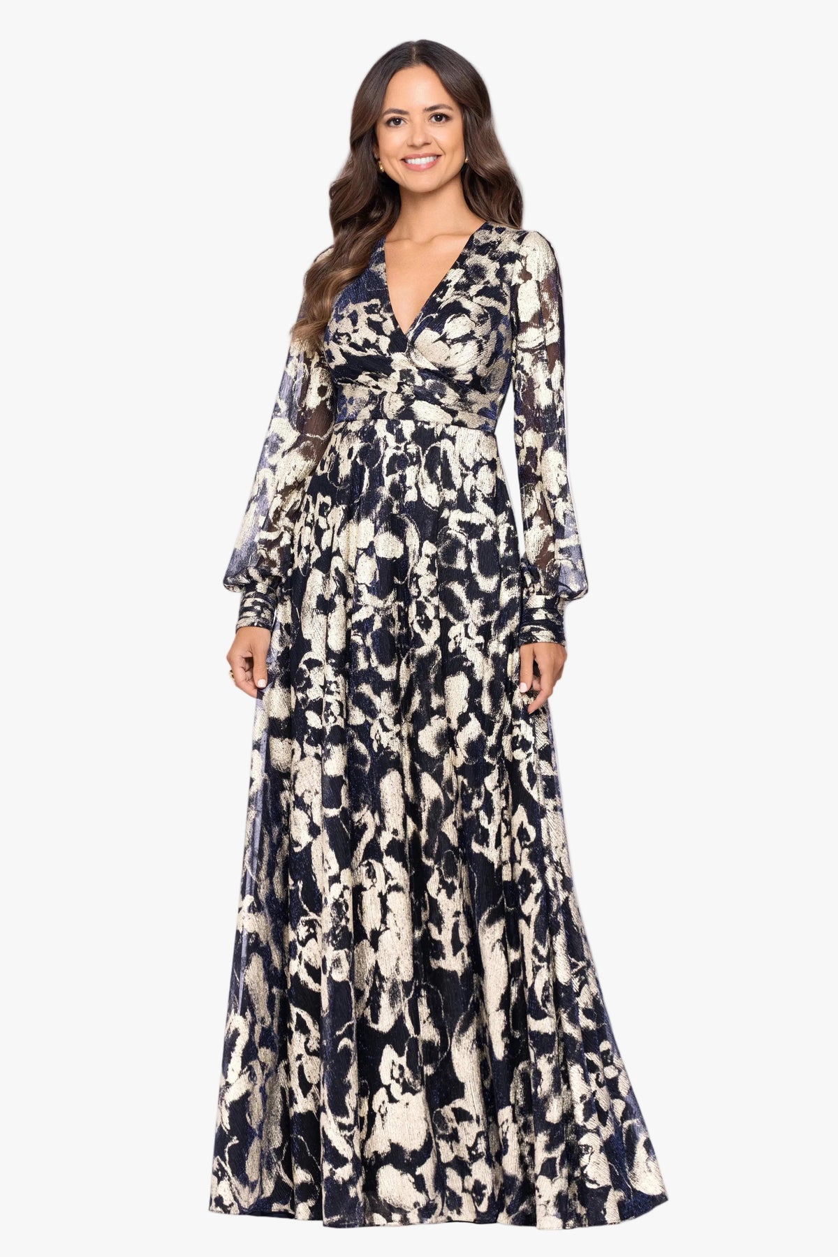 Betsy & Adam Petite "Meadow" Metallic Long Sleeve V-Neck Dress - Navy/Gold