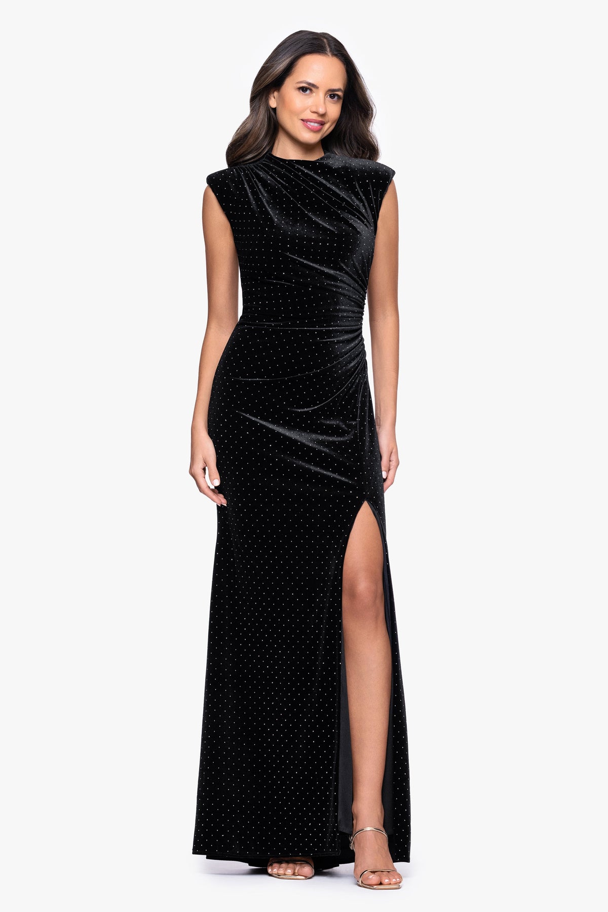 Betsy & Adam Petite "Andrea" Studded Velvet Slit Dress - Black/Silver