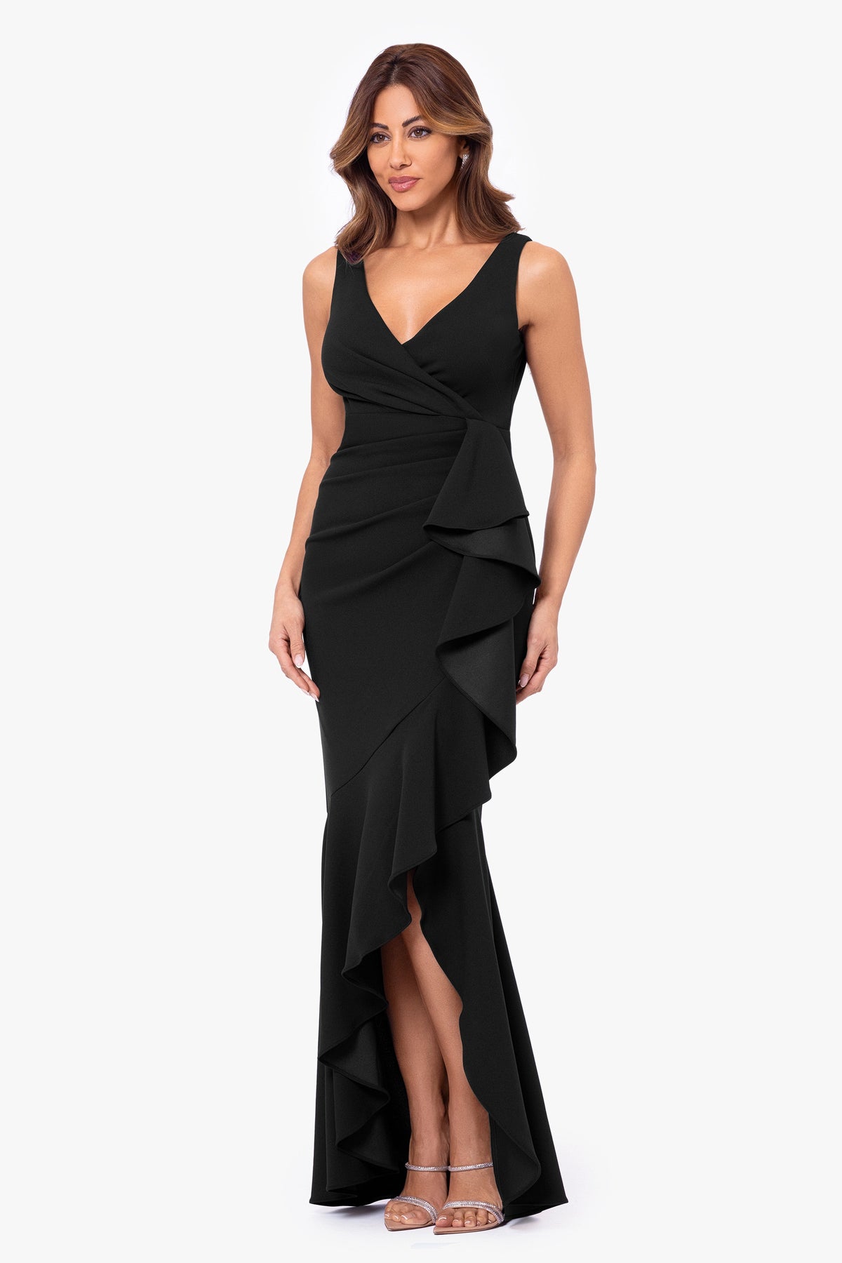Betsy & Adam "Candace" V-Neck Hi Low Cascade Dress - Black