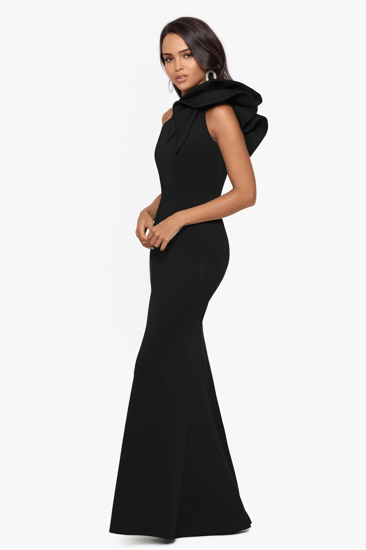 Betsy & Adam "Daisy" Techno Scuba Crepe One Shoulder Dress - Black