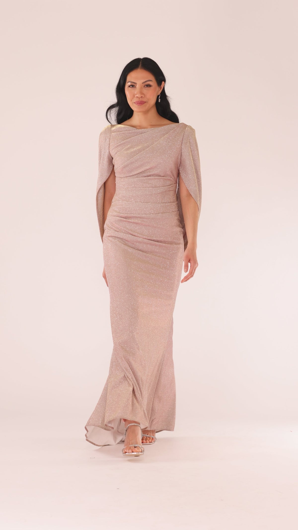 Betsy & Adam "Gracie" Metallic Knit Glitter Draped Dress - White/Pink/Gold