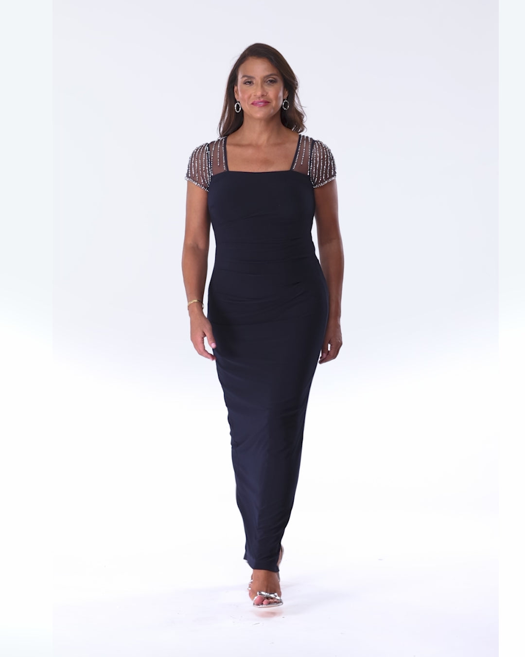 Betsy & Adam "Lilibeth" Jersey Knit Flutter Sleeve Dress - Navy/Silver