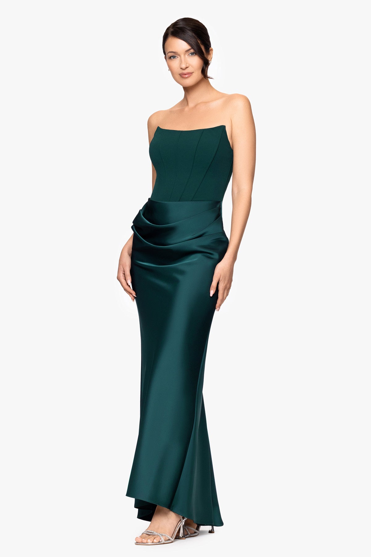 Betsy & Adam "Debra" Scuba Crepe & Satin Strapless Dress - Pine