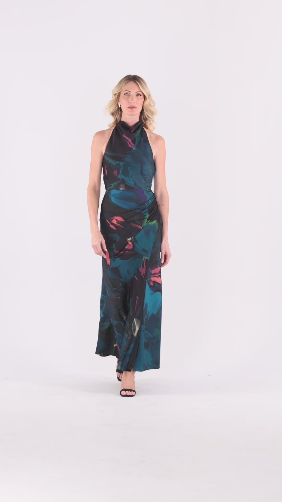 Betsy & Adam Petite "River" Printed Satin Halter Dress - Teal/Multi