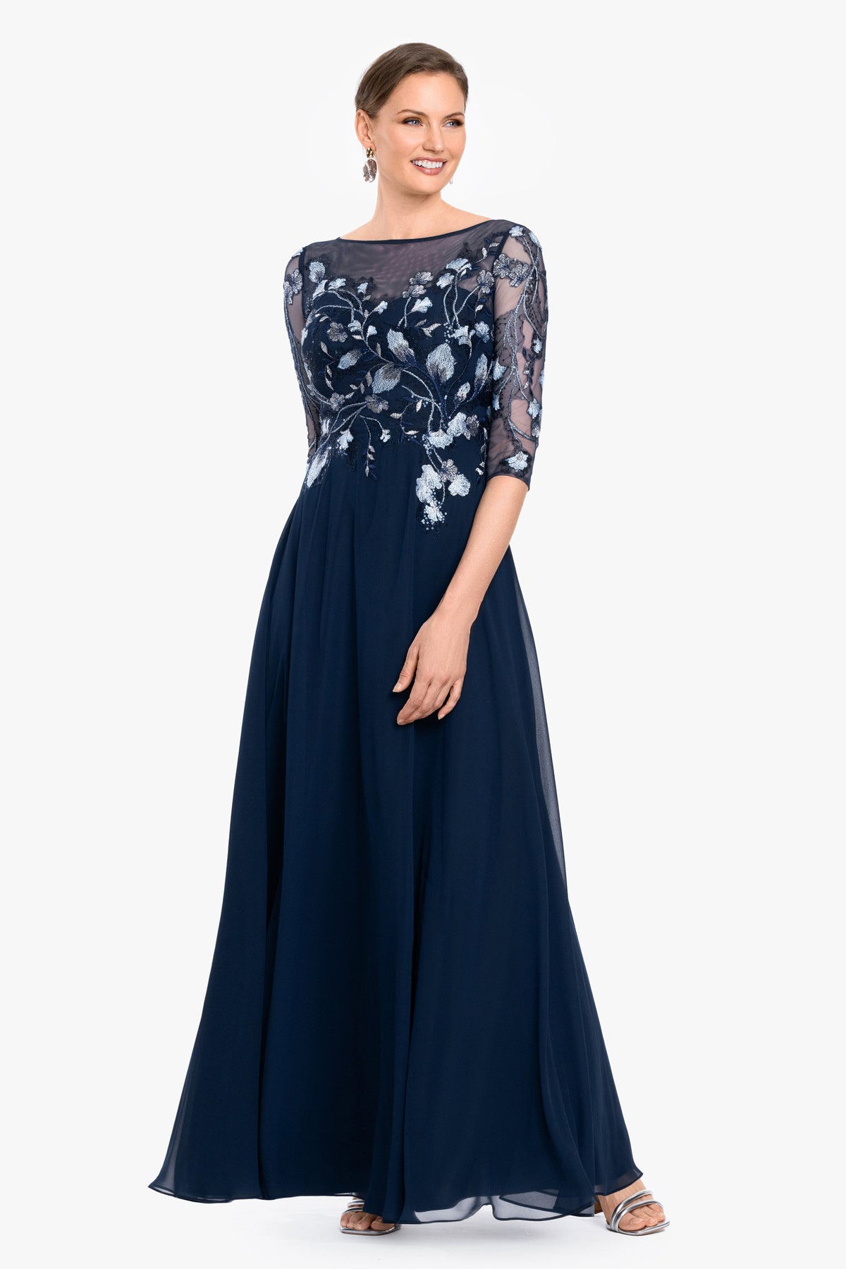 Betsy & Adam Petite "Isabella" Embroidered Chiffon Long Sleeve Dress - Blue/Multi