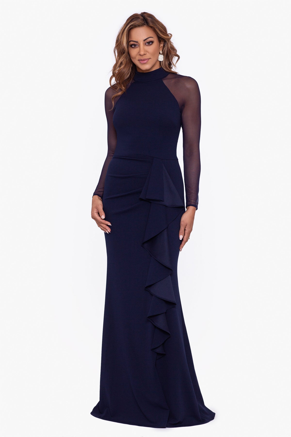 Betsy & Adam "Natalie" Scuba Crepe Mesh Sleeve Dress - Black