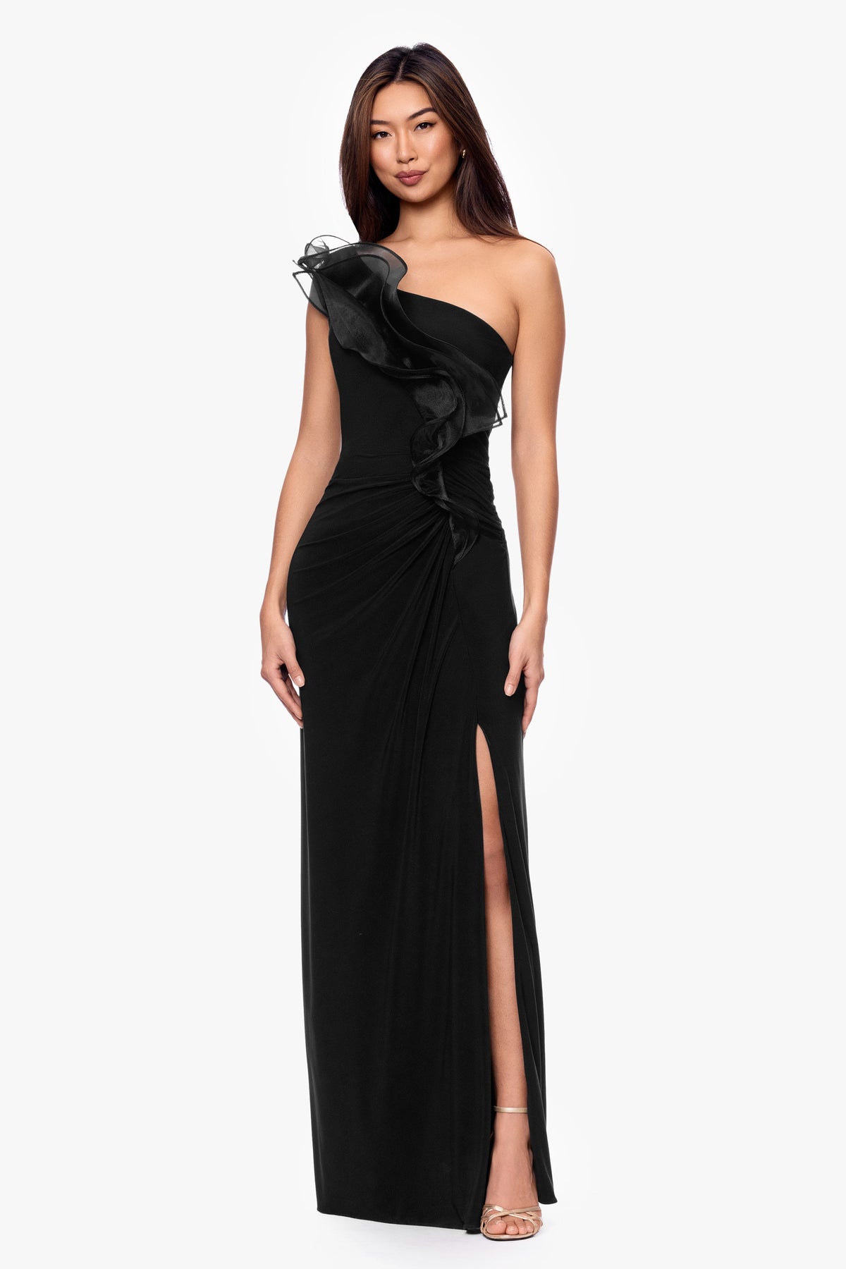 Betsy & Adam "Jade" Jersey Knit One Shoulder Organza Ruffle Dress - Black