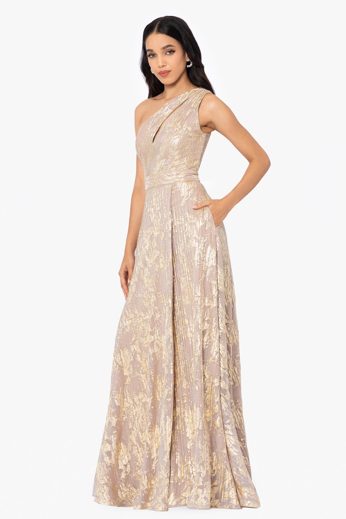 Betsy & Adam "Zayna" Metallic Knit One Shoulder Keyhole Dress - White/Pink/Gold