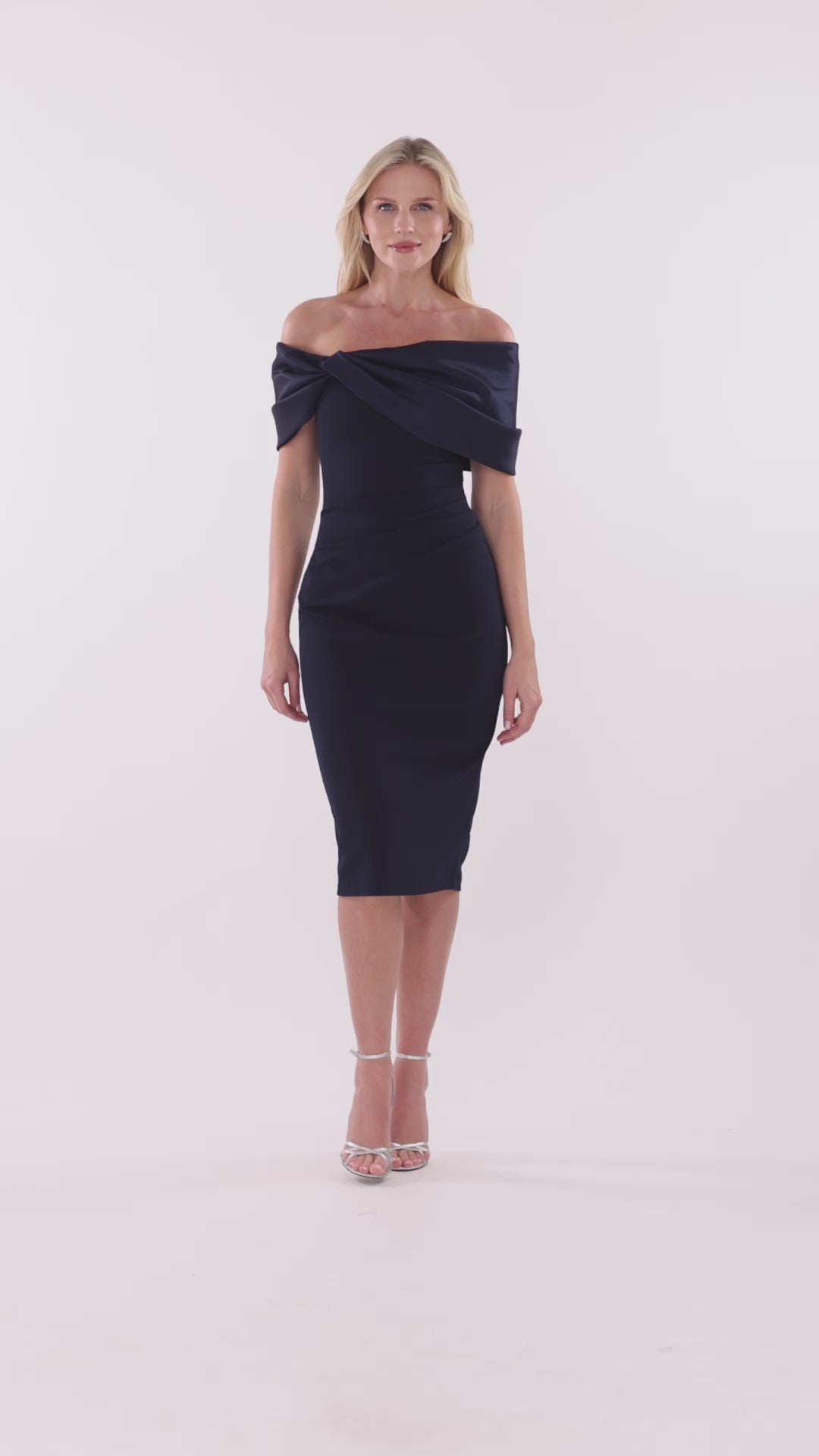 Betsy & Adam "Sloane" Scuba Crepe Off The Shoulder Short Dress - Navy