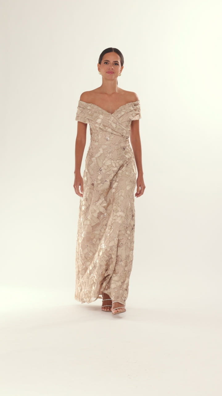 Betsy & Adam "Teyana" Soutache Sequin Off Shoulder Dress - Champagne
