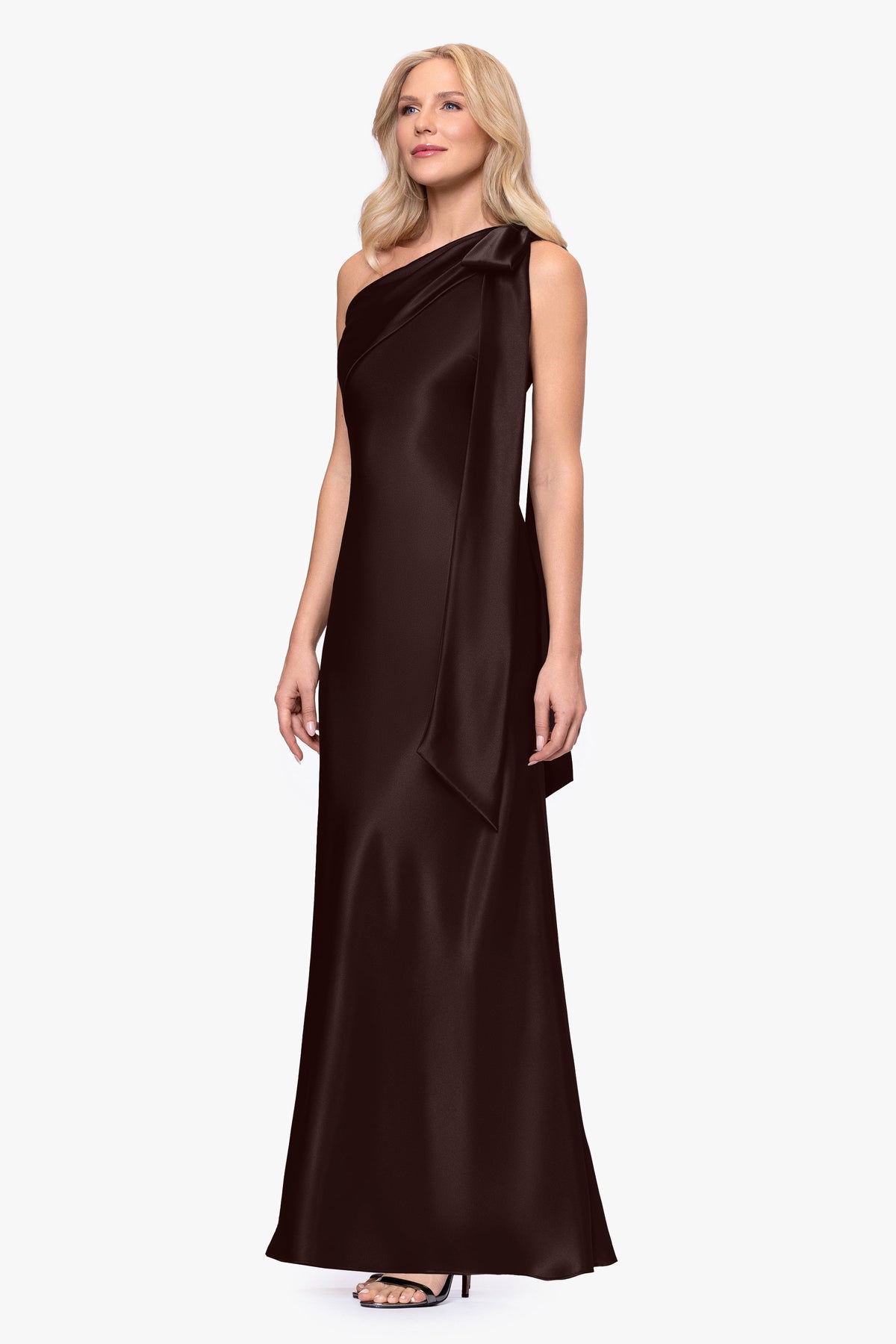 Betsy & Adam Petite "Dove" Satin One Shoulder Bow Dress - Brown