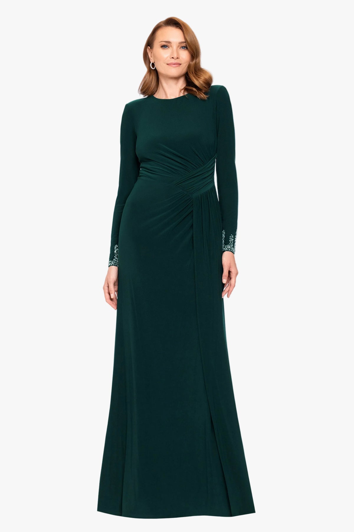 Betsy & Adam "Kenley" Jersey Knit Long Sleeve Beaded Cuff Dress - Forest
