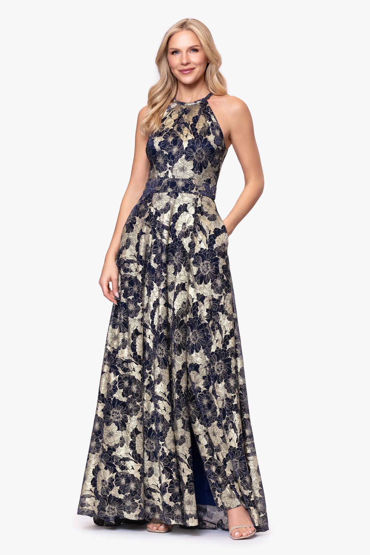 Betsy & Adam Petite "Layla" Printed Metallic Halter Top Dress - Navy/Gold