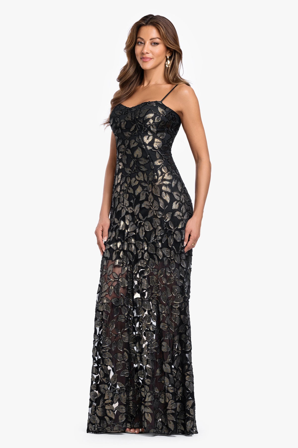 Betsy & Adam "Odette" Flower Burnout Foil Dress - Black/Gold