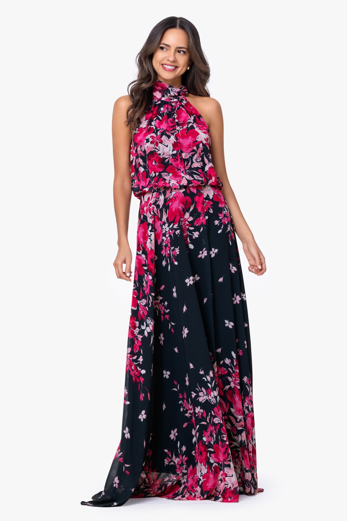 Betsy & Adam "Felicity" Chiffon Floral Print Dress - Navy/Fuchsia
