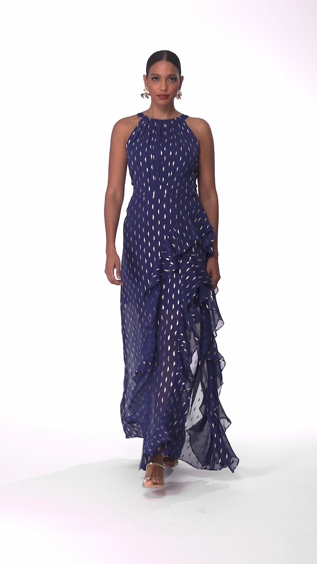 Betsy & Adam "Karina" Chiffon Foil Ruffle Tie Neck Dress - Light Navy/Gold