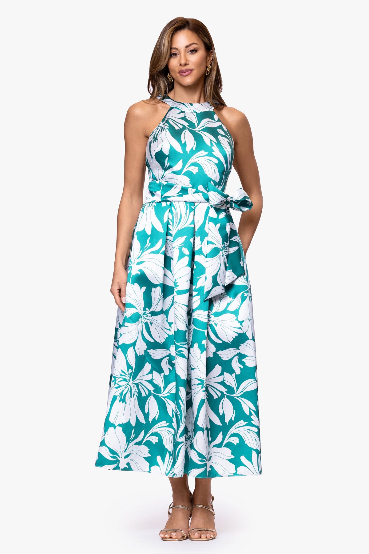 Betsy & Adam "Natalia" Mikado Print Bow Waist Midi Dress - Aqua/White