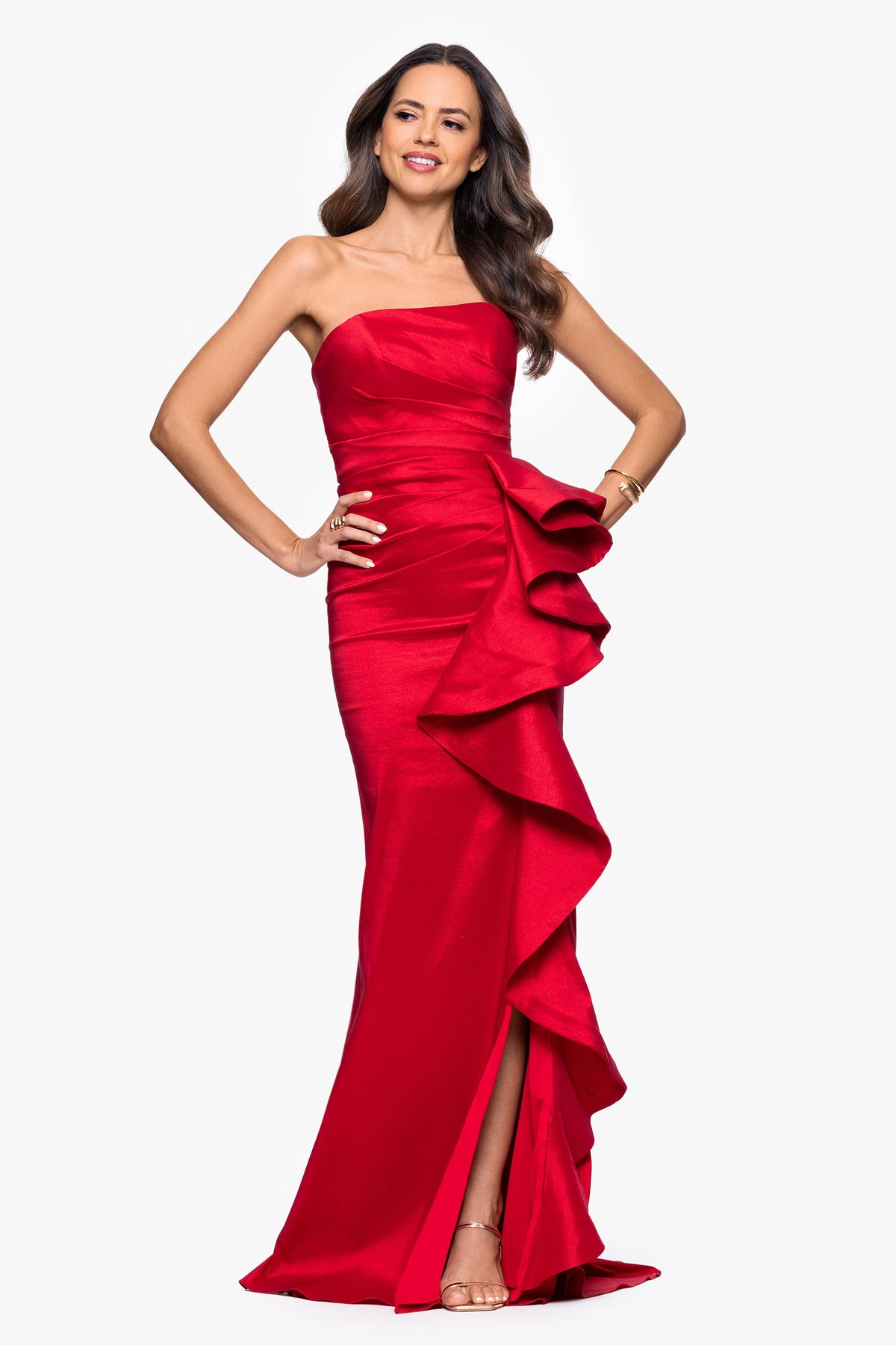 Betsy & Adam “Rowan” Taffeta Strapless Ruffle Dress - Red
