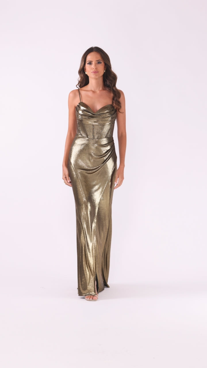 Betsy & Adam "Shayla" Metallic Jersey Corset Dress - Gold