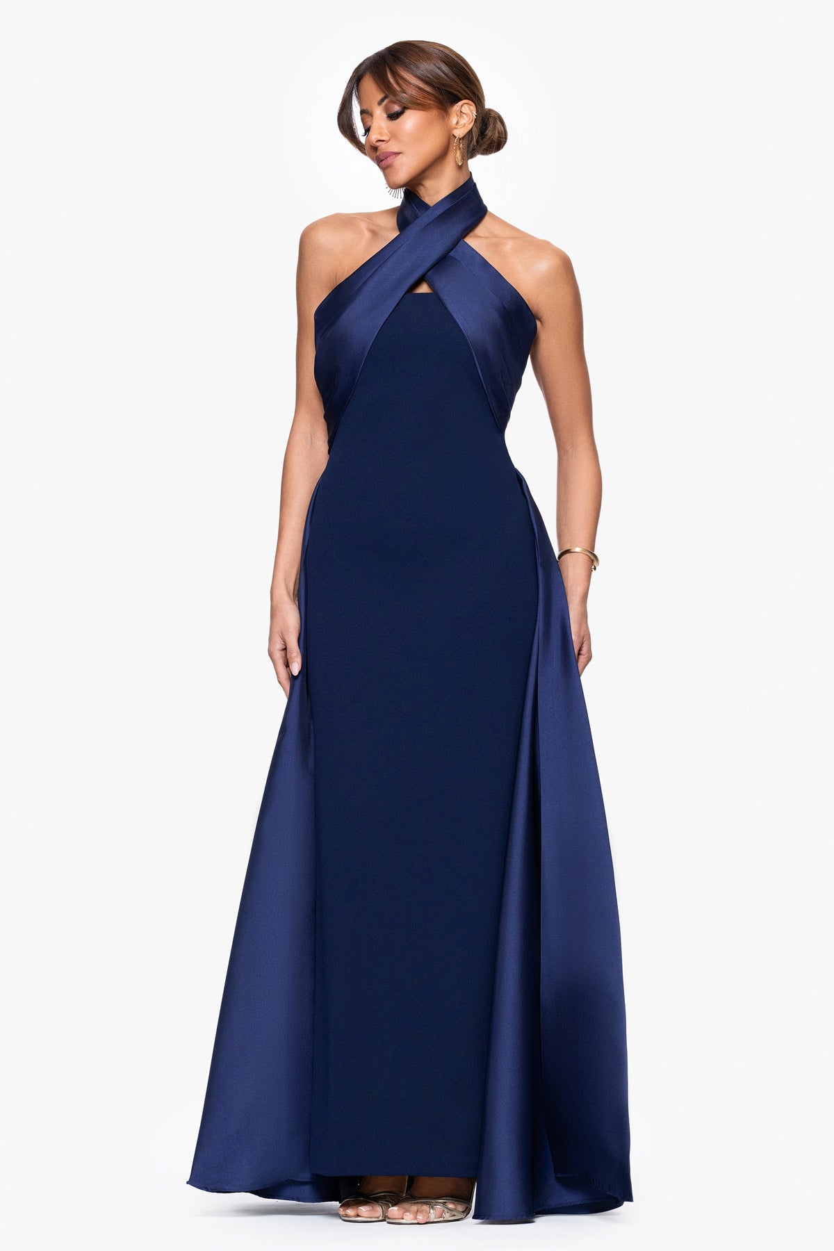 Betsy & Adam "Dina" Scuba Crepe Twist Halter Neck Gown - Navy