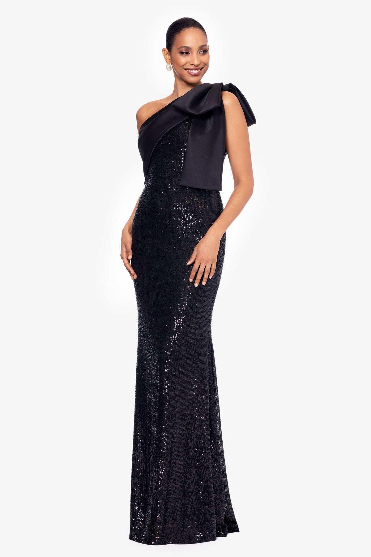 Betsy & Adam "Christy" Sequin With Satin Bow Dress - Black