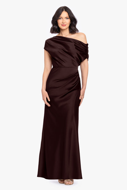 Betsy & Adam “Hailey” Double Faced Satin Off The Shoulder Ruched Dress - Brown