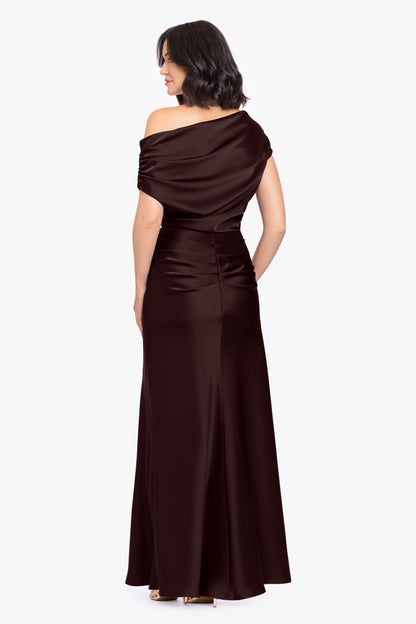Betsy & Adam “Hailey” Double Faced Satin Off The Shoulder Ruched Dress - Brown