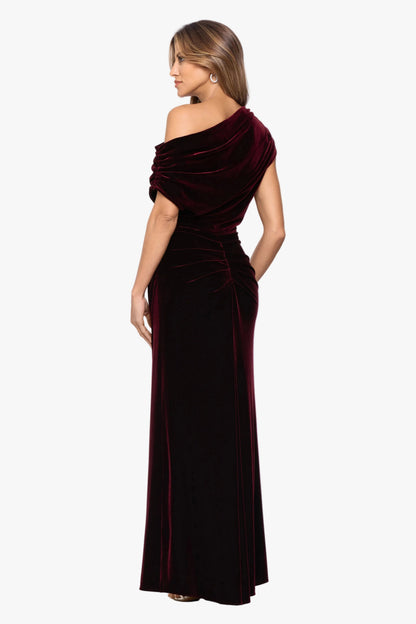 Betsy & Adam "Evie" Velvet Off The Shoulder Asymmetrical Dress - Burgundy