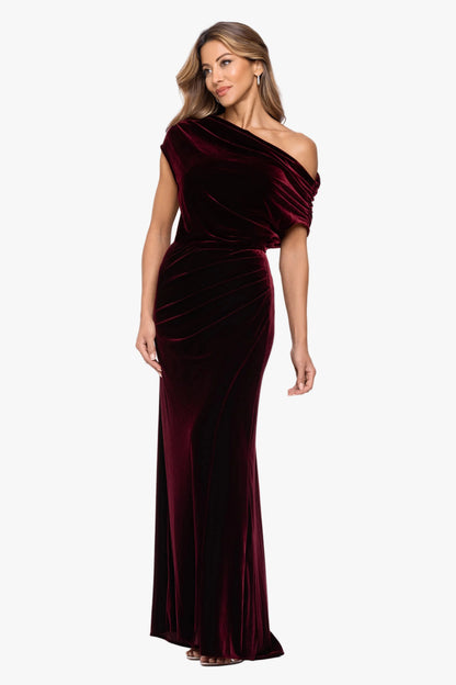 Betsy & Adam "Evie" Velvet Off The Shoulder Asymmetrical Dress - Burgundy