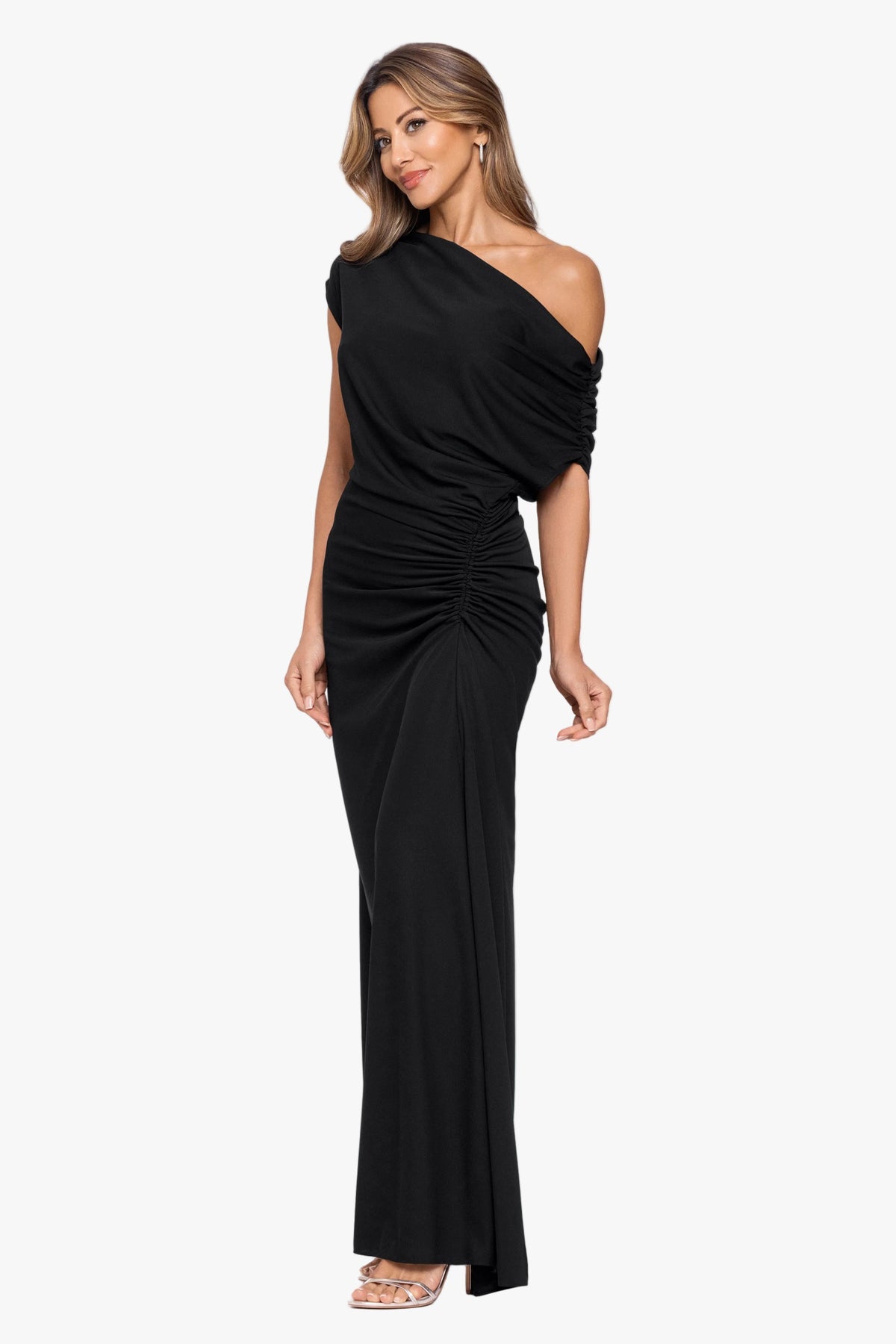 Betsy & Adam "Parker" Jersey Knit Off The Shoulder Ruched Dress - Black