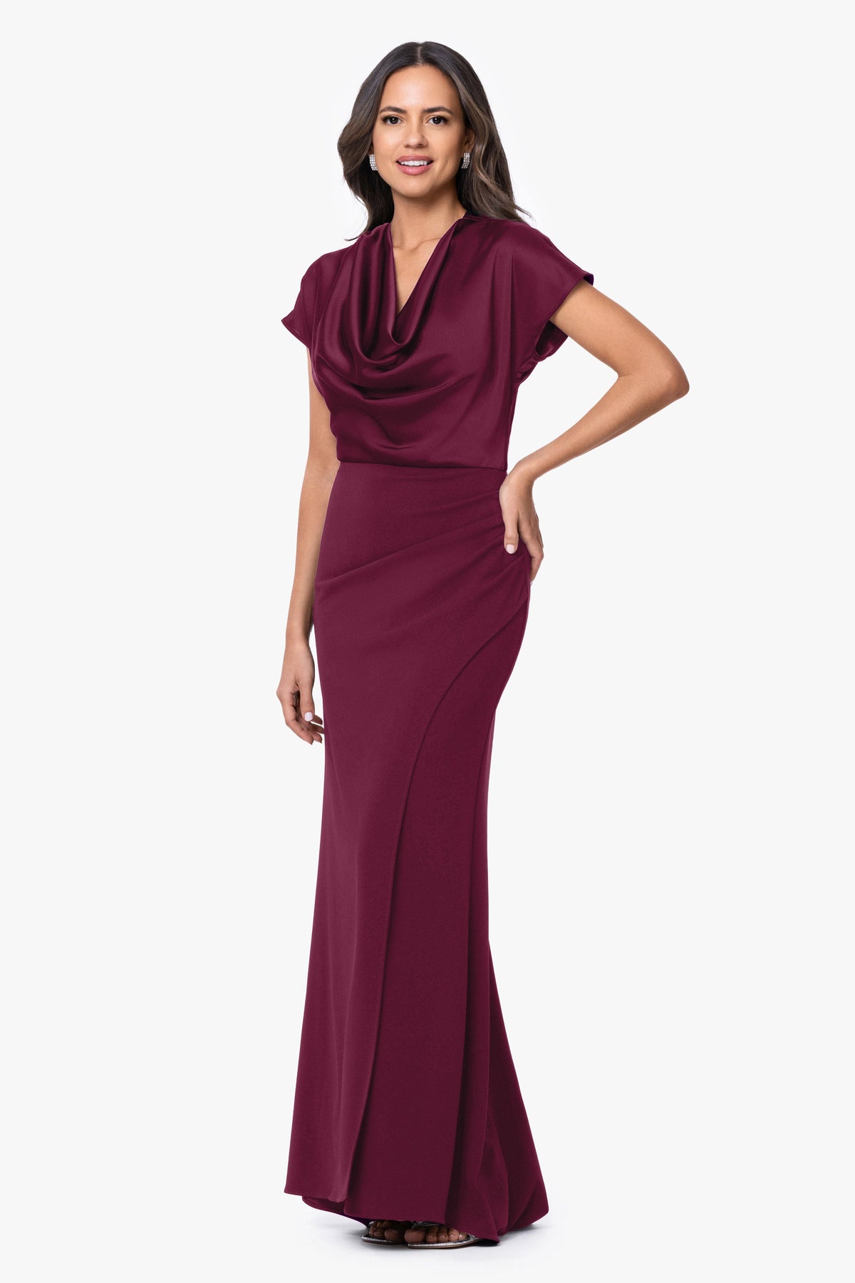 Betsy & Adam Petite "Rinna" Scuba Crepe & Satin Cowl Neck Dress - Wine