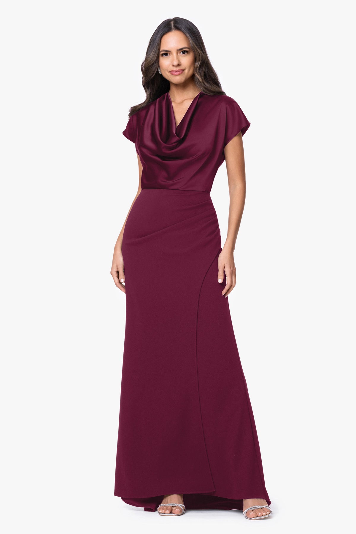 Betsy & Adam Petite "Rinna" Scuba Crepe & Satin Cowl Neck Dress - Wine