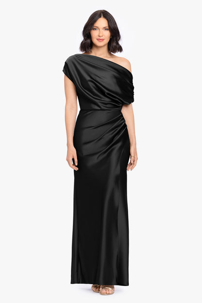 Betsy & Adam “Hailey” Double Faced Satin Off The Shoulder Ruched Dress - Black