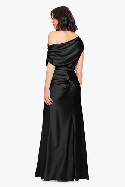 Betsy & Adam “Hailey” Double Faced Satin Off The Shoulder Ruched Dress - Black