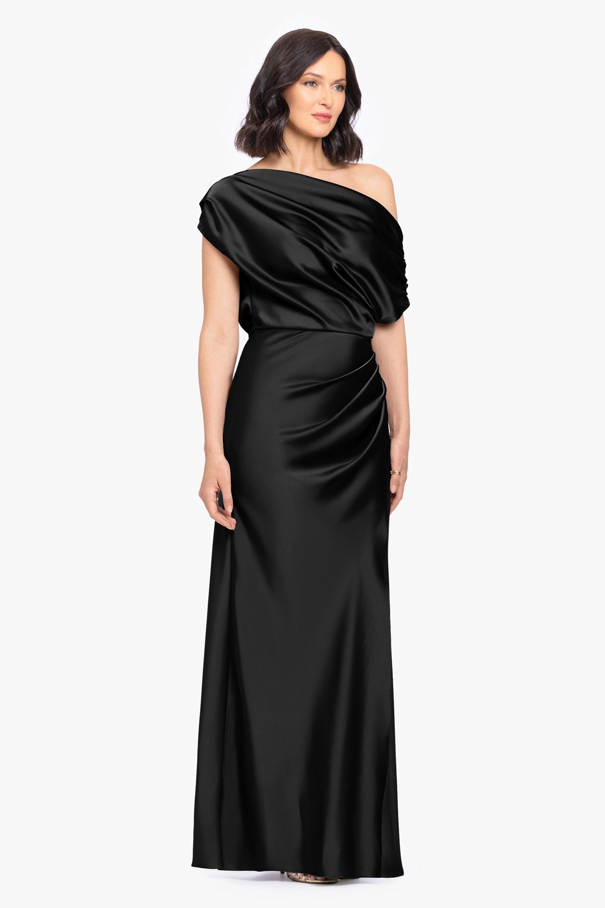 Betsy & Adam “Hailey” Double Faced Satin Off The Shoulder Ruched Dress - Black