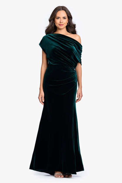 Betsy & Adam "Evie" Velvet Off The Shoulder Asymmetrical Dress - Hunter