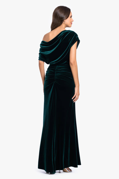 Betsy & Adam "Evie" Velvet Off The Shoulder Asymmetrical Dress - Hunter
