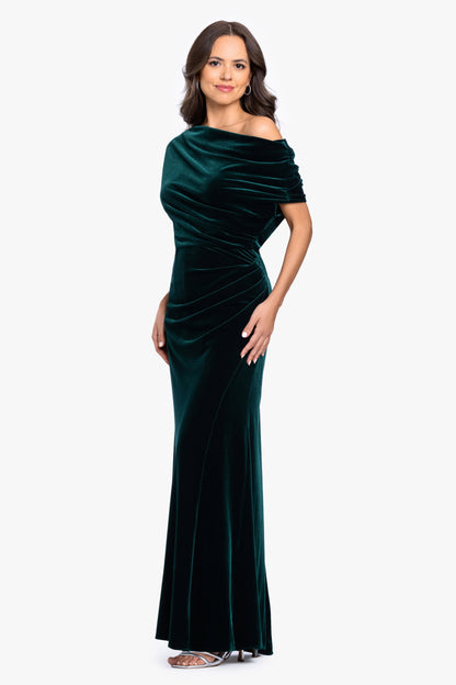 Betsy & Adam "Evie" Velvet Off The Shoulder Asymmetrical Dress - Hunter