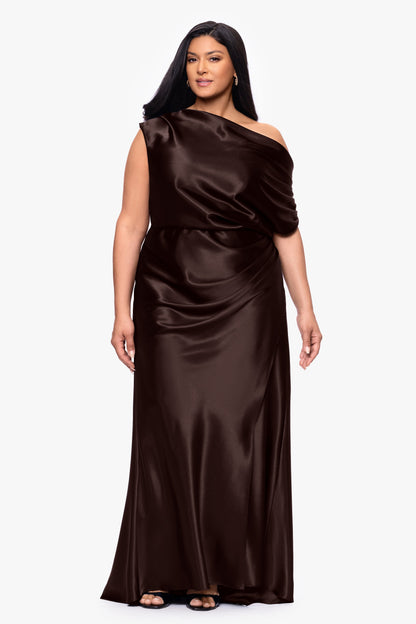Betsy & Adam Plus "Sofia" Satin Drop Shoulder Dress - Brown