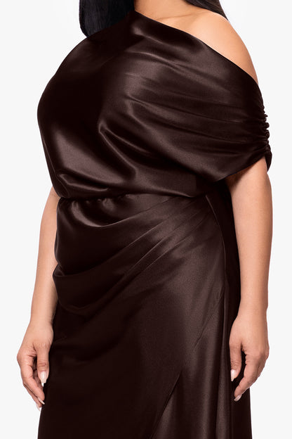 Betsy & Adam Plus "Sofia" Satin Drop Shoulder Dress - Brown