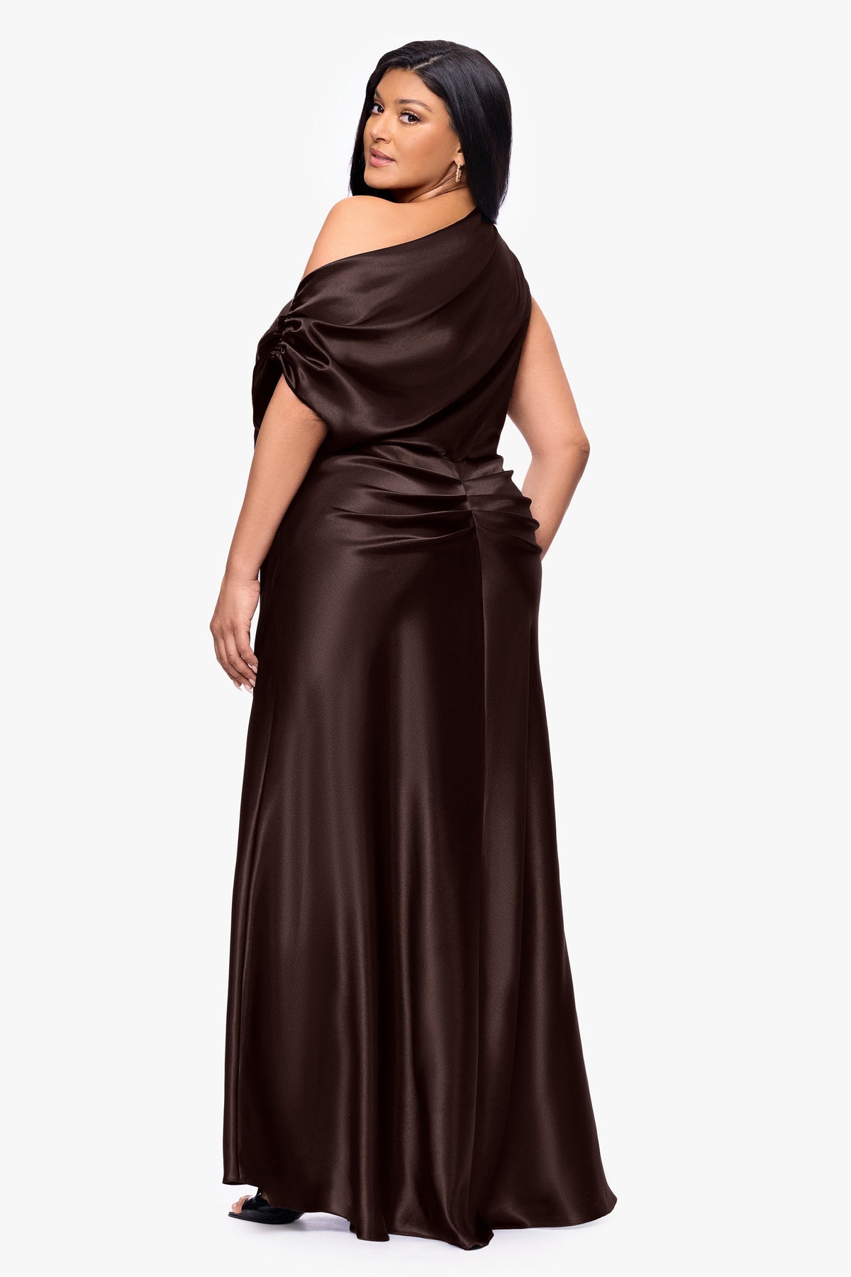 Betsy & Adam Plus "Sofia" Satin Drop Shoulder Dress - Brown