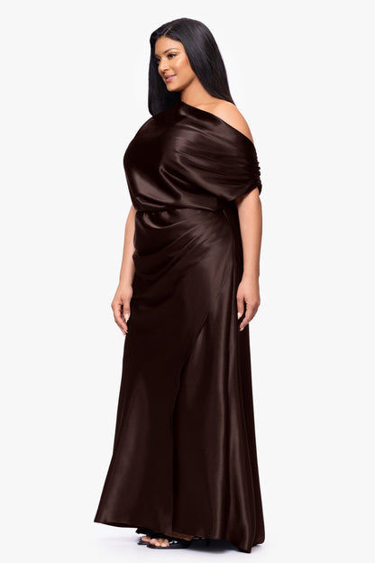 Betsy & Adam Plus "Sofia" Satin Drop Shoulder Dress - Brown