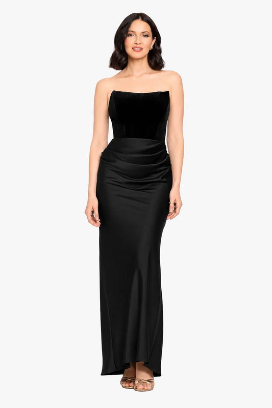 Betsy & Adam Petite "Lynn" Velvet & Satin Strapless Dress - Black