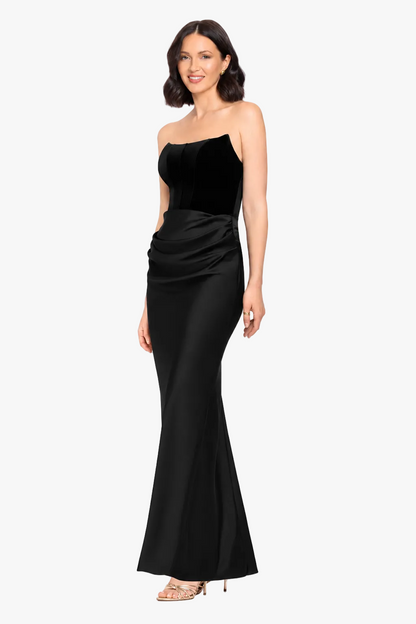 Betsy & Adam Petite "Lynn" Velvet & Satin Strapless Dress - Black