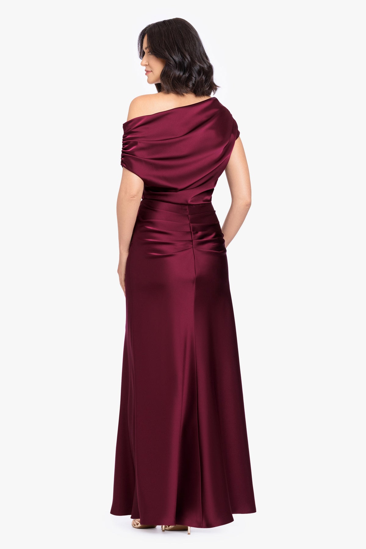 Betsy & Adam “Hailey” Double Faced Satin Off The Shoulder Ruched Dress - Wine