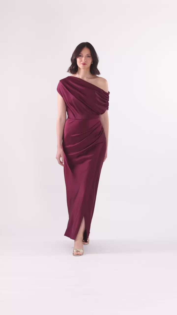 Betsy & Adam “Hailey” Double Faced Satin Off The Shoulder Ruched Dress - Wine